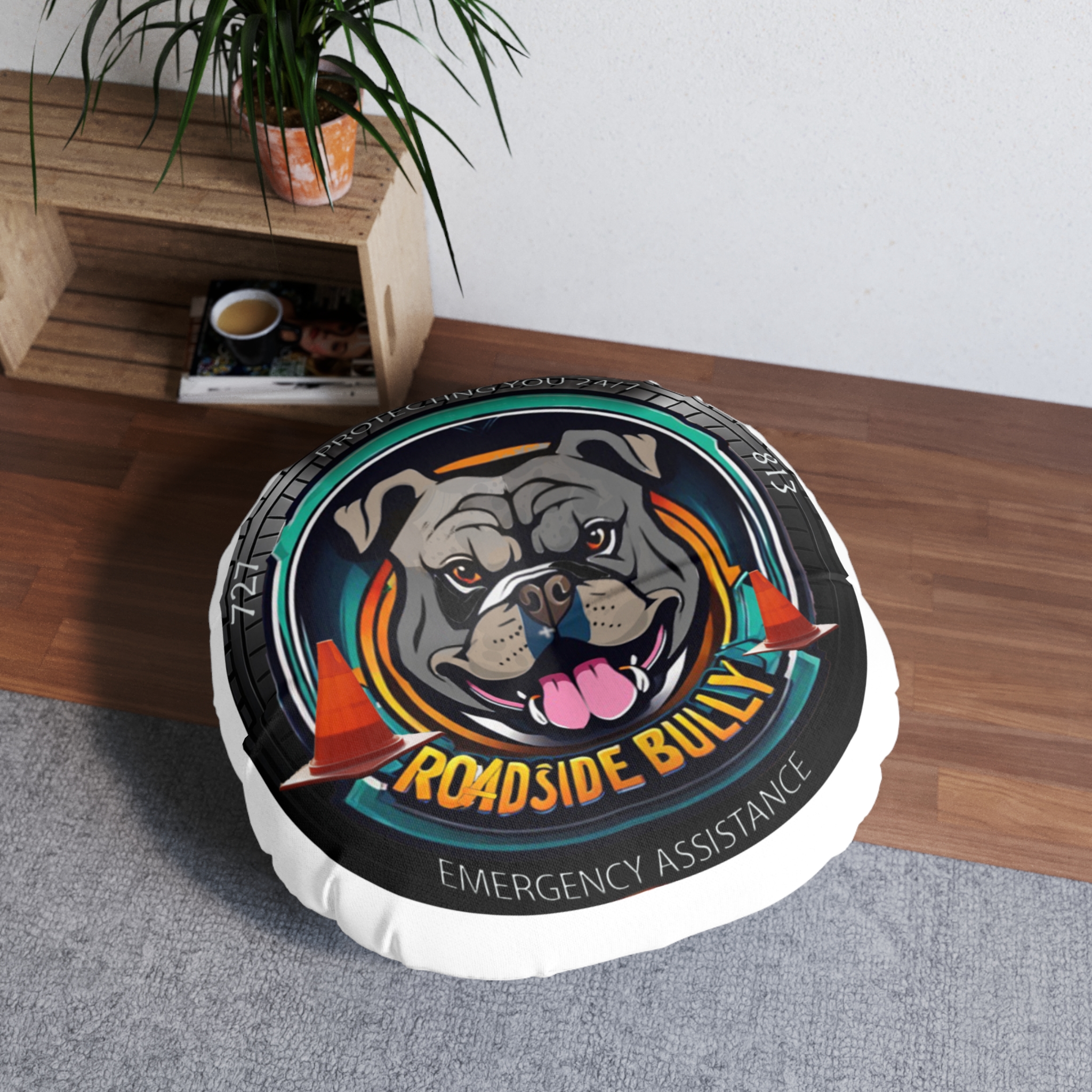Roadside Bully Tufted Floor Pillow, Round - Fun Home Decor, Dog Lover Gift, Pet-Themed Accent, Cozy Seating, Emergency Assistance - Image 4